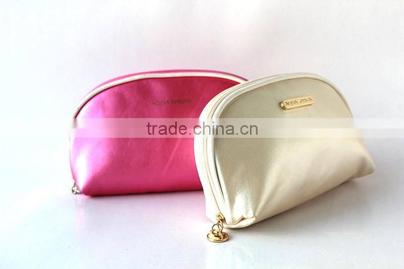Shiny Leather Cosmetic Bag Pink Gold Color Customed Metal LOGO