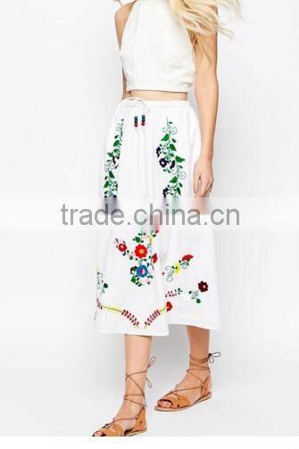 Latest Design 2016 Summer 100% cotton Drawstring Waist Floral embroidery women Midi Skirts