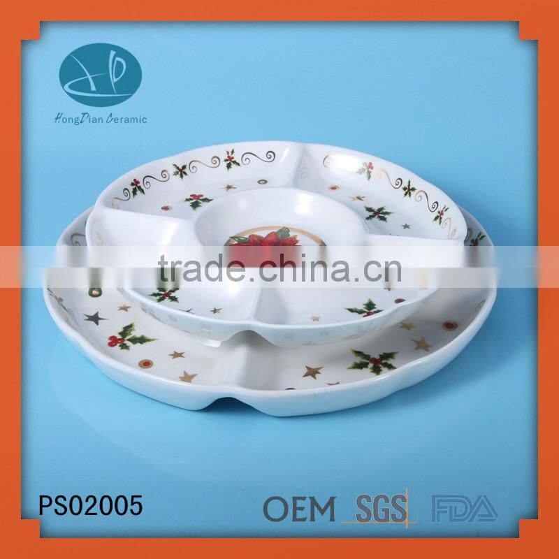 ceramic decal plate Porcelain White Food platter, chinese food plate,divided tray christmas plate