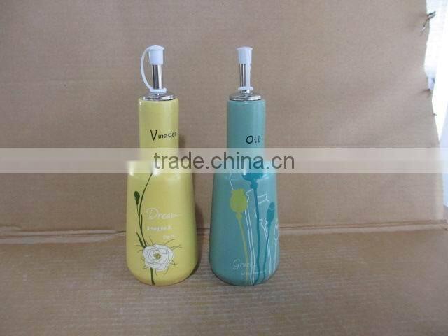 ceramic cream brown glaze flower design oil olive and vinegar bottle set