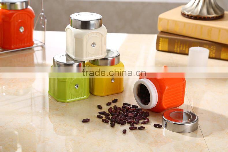 Kitchen ceramic canister set with stainless metal stand