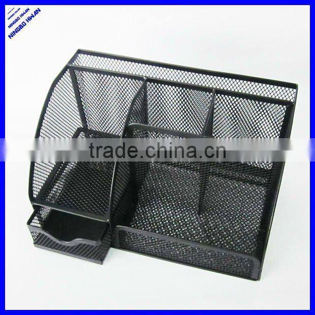 High quality 6 divided compartment black metal mesh desk organizer with drawer