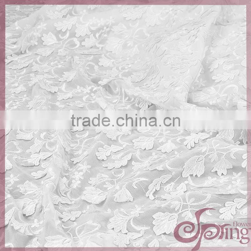 White floral chiffon lace embroidery fabric, fashion applique designs lace