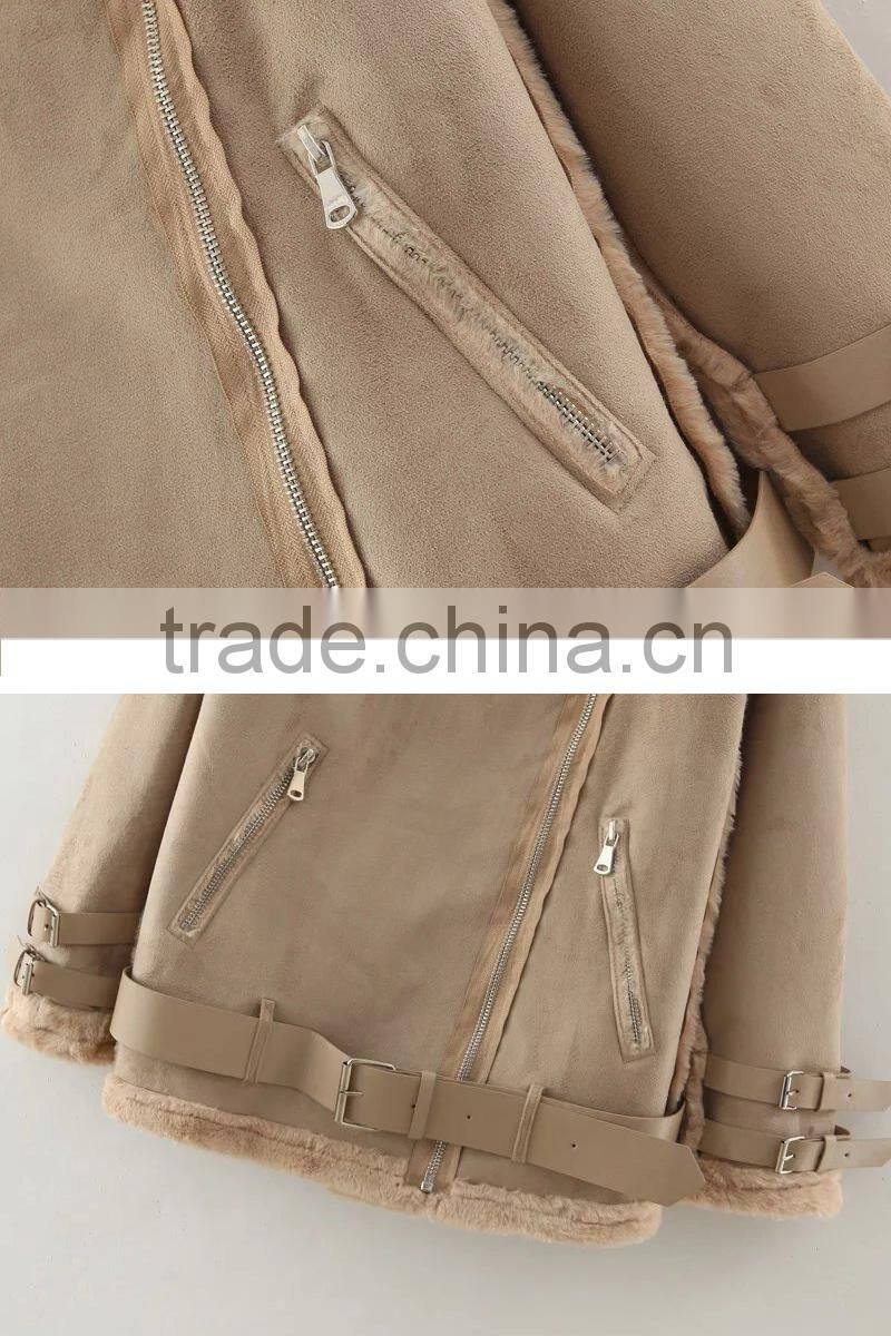 lady clothing garment manufacturer Lapel neck khaki nubuck leather jacket woman 2015