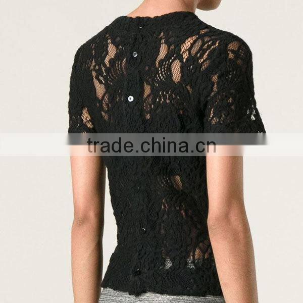 Ladies formal/office wear elegant transparent short sleeve sexy black lace blouse
