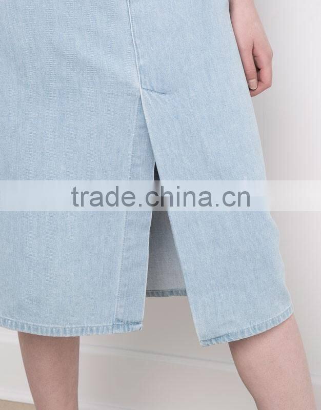 Open slit ladies long bleach wash midi long soft denim skirts