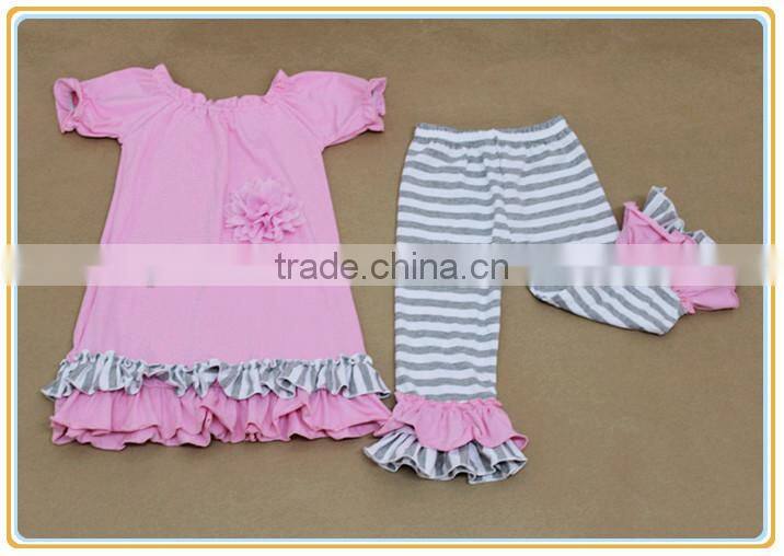 Wholesale Cotton Baby Clothes Kids Soild Color Dress And Ruffle Stripe Pants Children's Boutique Set
