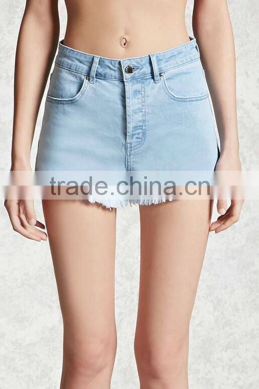 Ladies fashion high waist jeans shorts light blue washed denim shorts