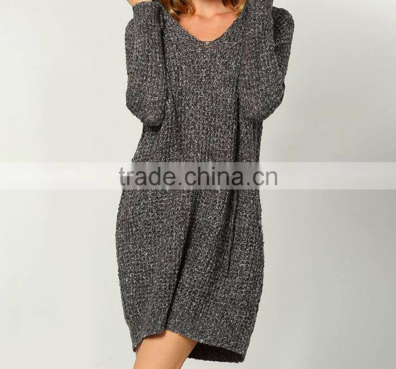 Loose Grey v neck long sleeves ladies sweater designer one piece dress with Hoodie