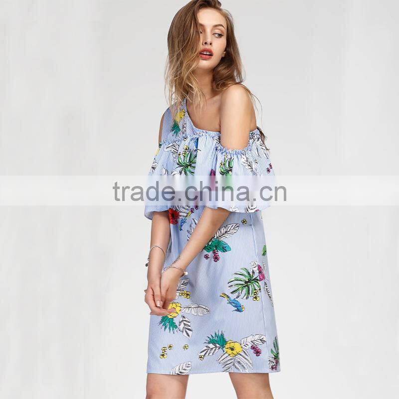 Oblique Shoulder Layered dress, 2017 ladies blue floral print dress