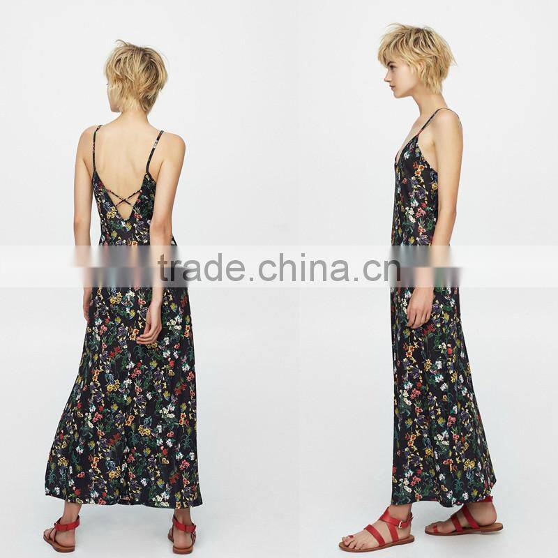spaghetti strap and V-neck ladies hem split sleeveless maxi dress
