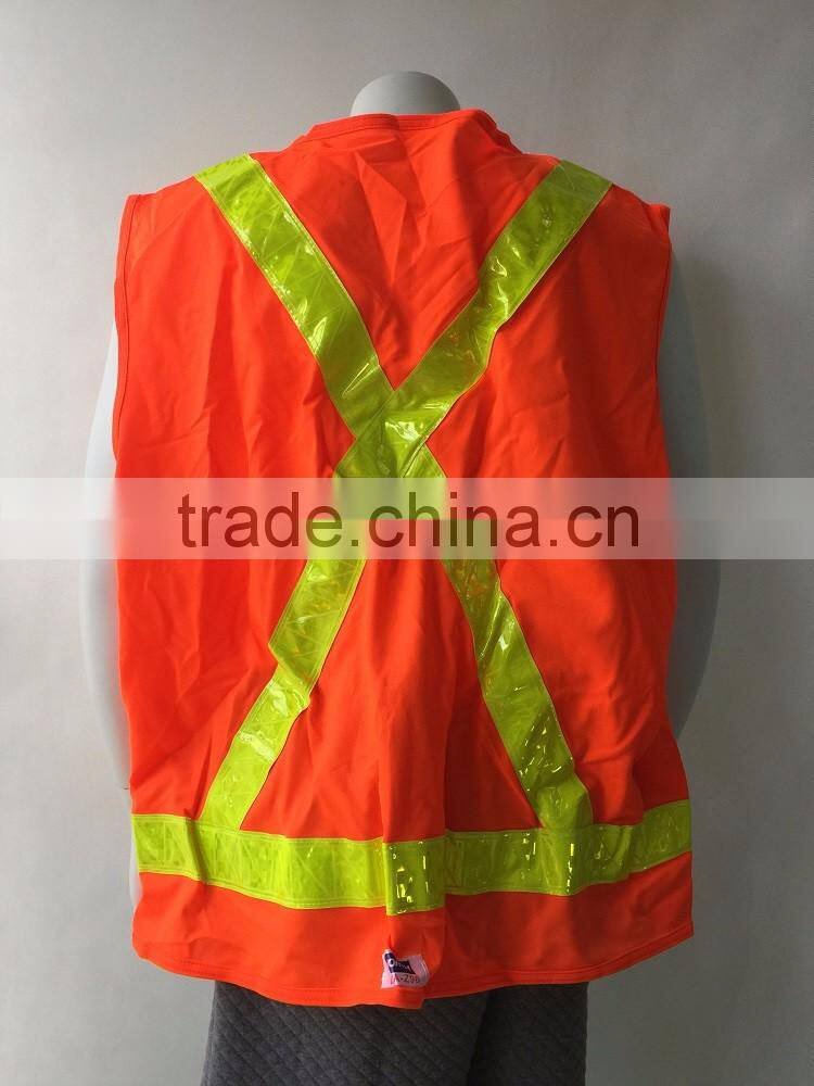 Customized orange highlight PVC safety reflective vest with 100%polyester tricot fabric