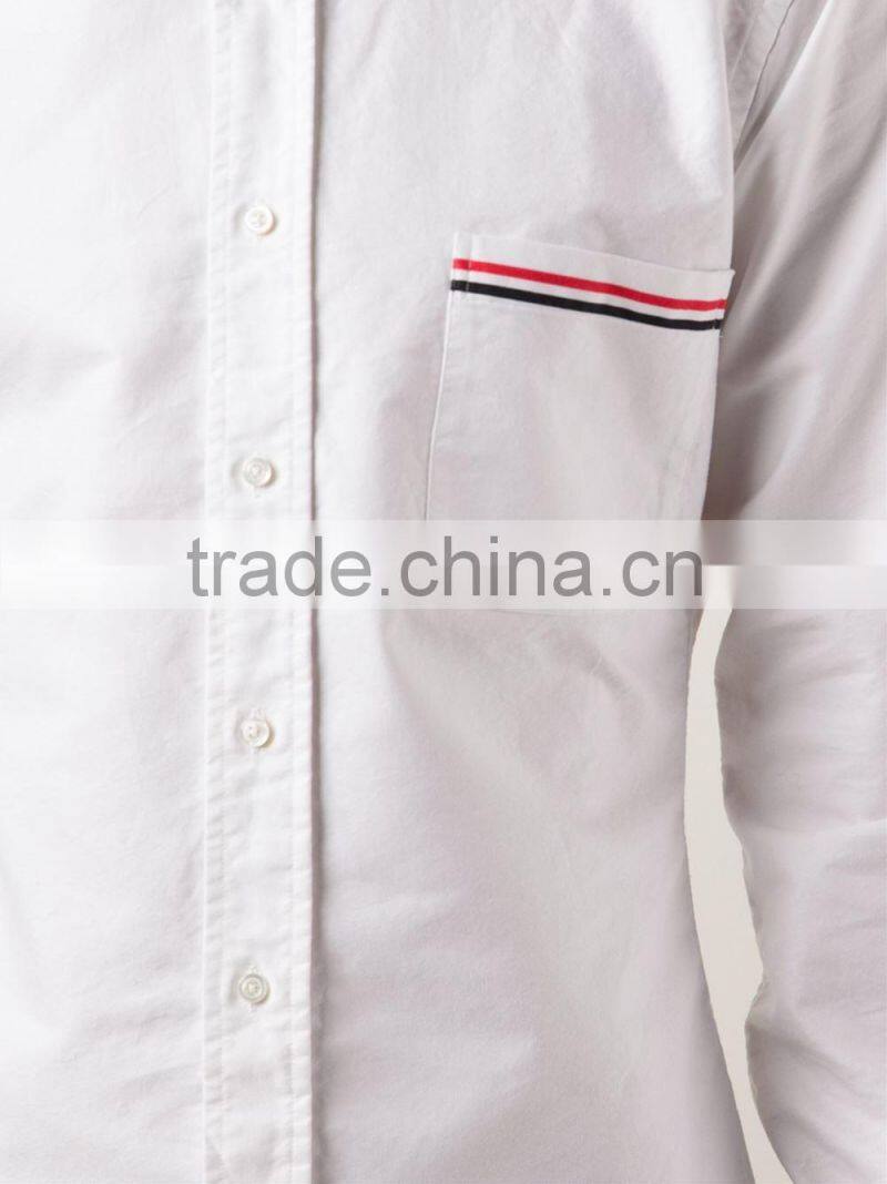 men's striped trim curved hem white long sleeve shirt