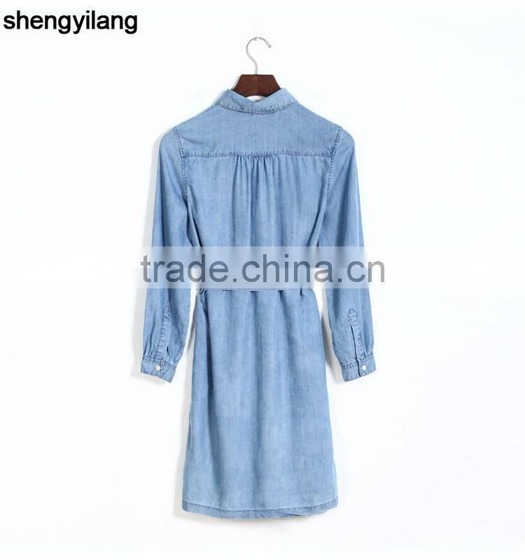 stylish leisure long sleeve denim jeans dress with waistband