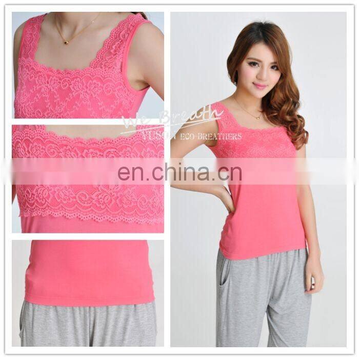 Lace Trim Square Neck Tank Top Bamboo Fiber Ladies Sleeveless Vest