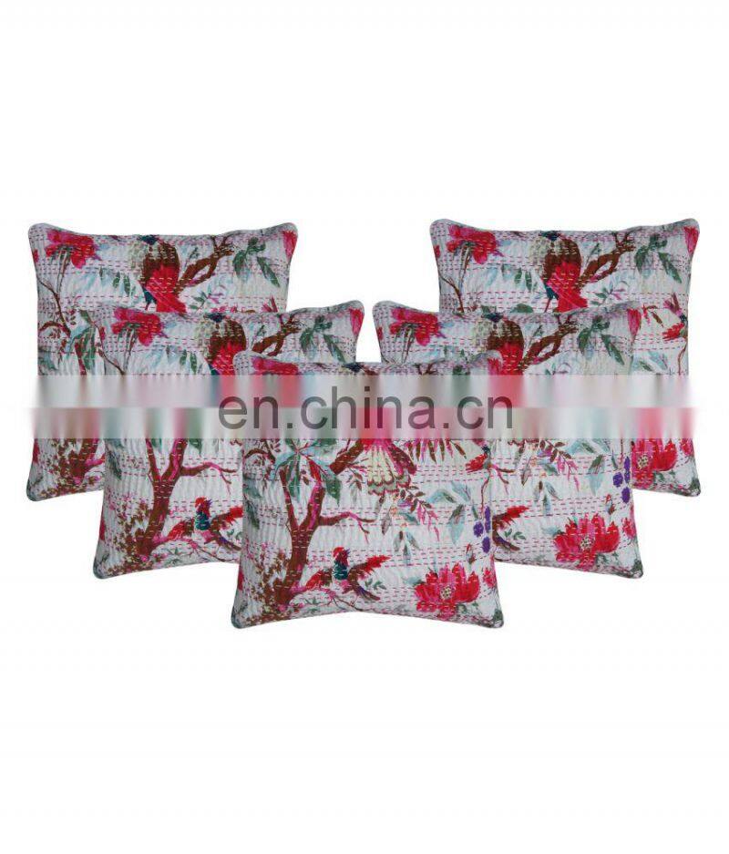 Indian Floral White Bird Print Kantha Cushion Cover Pillow Covers