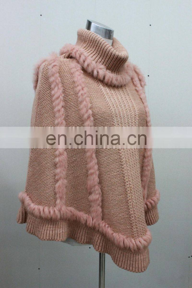 Graceful Wholesale Knitted Choker Pullover For Women Knit Rabbit Fur Shawl Elegant Style Knitting Cape Poncho