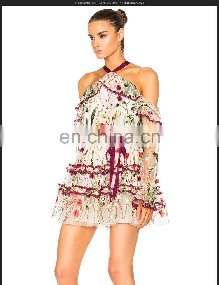 Latest Fashion Dress Designs Pretty Women Long Sleeve Floral Ruffle Casual Dresses with Cold Shoulder