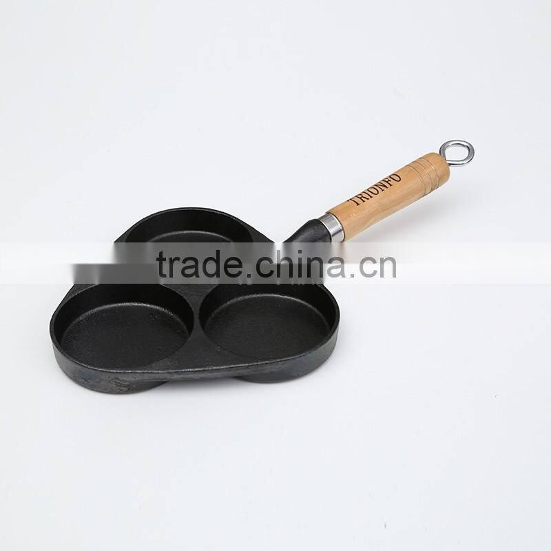 Mini three holes cast iron frying pan with wooden handle
