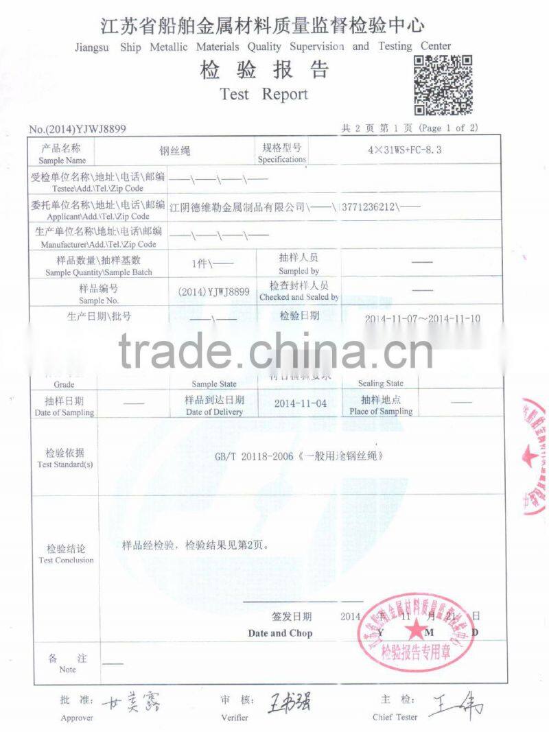 4X31SW+FC 8.6mm galvanized Steel wire rope for temporarily