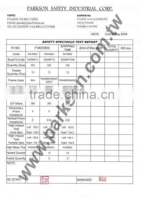 Taiwan PC Eye Protection Adjustable Temple Length Safety Spectacle with ANSI Z87.1 Standard SS-7546