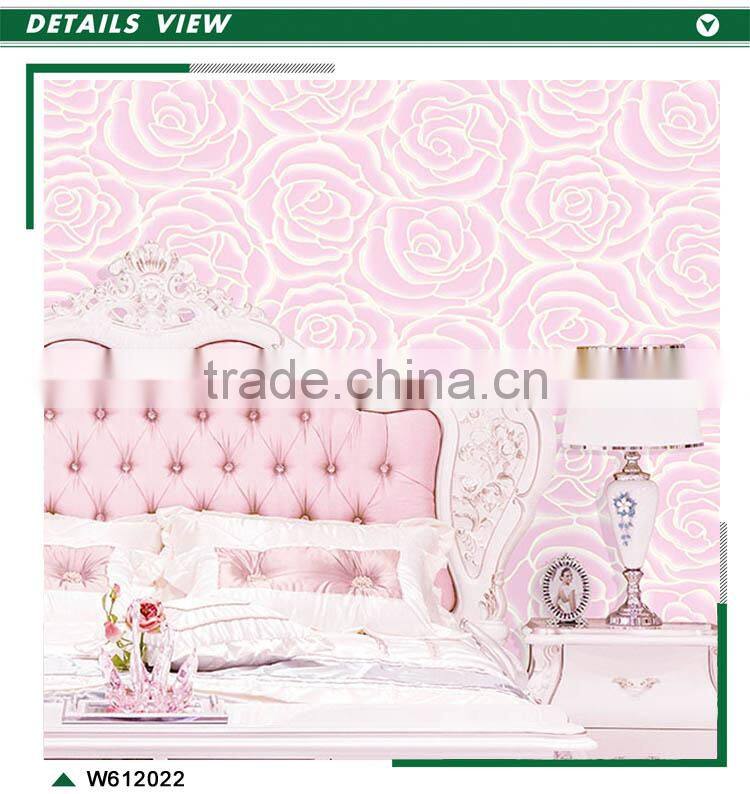 hot sale foaming non woven wallpaper, bubblegum pink royal rose wallcovering for house , unusual wall decor warehouse