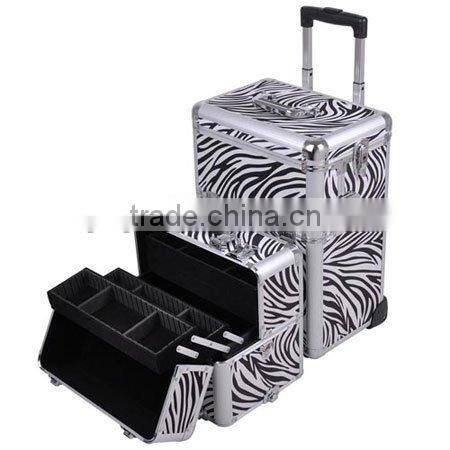 2in1 Zebra Aluminum Makeup Cosmetic Train Rolling Case Hair Style Lockable Box