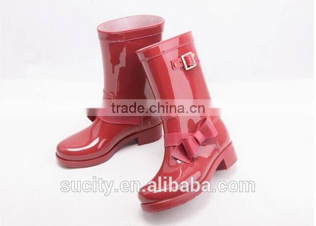 solid color pink lady high heeled rubber rain boots with buckle
