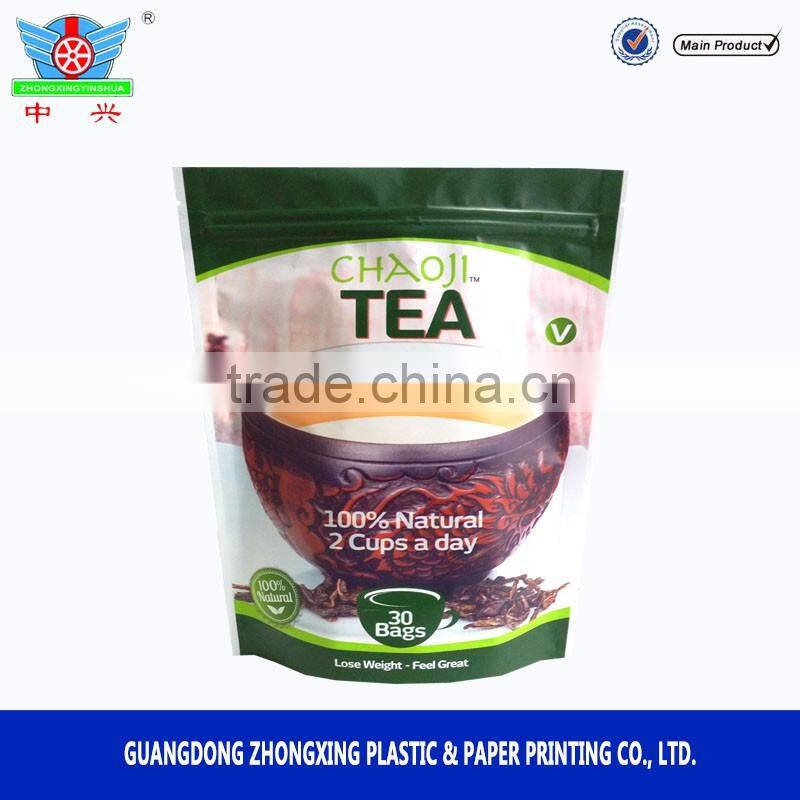 OEM customized high barrier resealable organic green tea bag package with zipper
