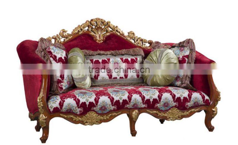 New design European living room solid wood hand carving red flower pattern fabric sofa set