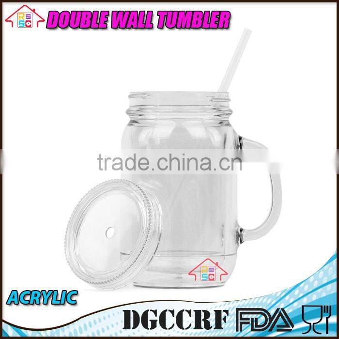 NBRSC Double Wall Insulated Plastic Jar Tumbler Mug with Striped Straws