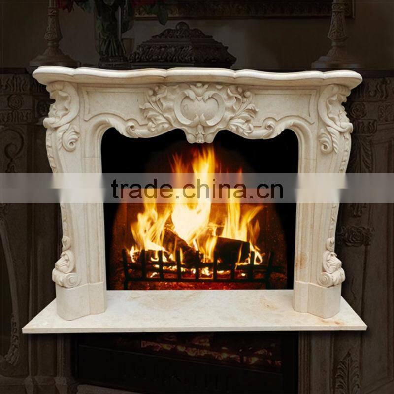 Luxury indoor decoration hand carved beige marble fireplace