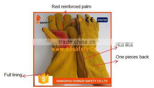 DDSAFETY China Supplier Yellow Cow Split Leather Glove With Red Reinforced Palm Welding Glove