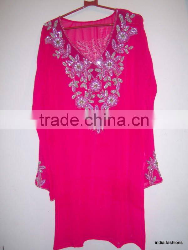 PINK GEORGETTE LONG TUNIC BLOUSE SHIRT Embroidered BOLLYWOOD kaftan cover up