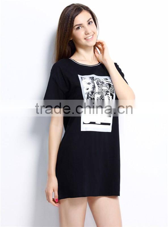 fashion women's contracted front plastisol printing letters embroidery short sleeve longline T-shirt