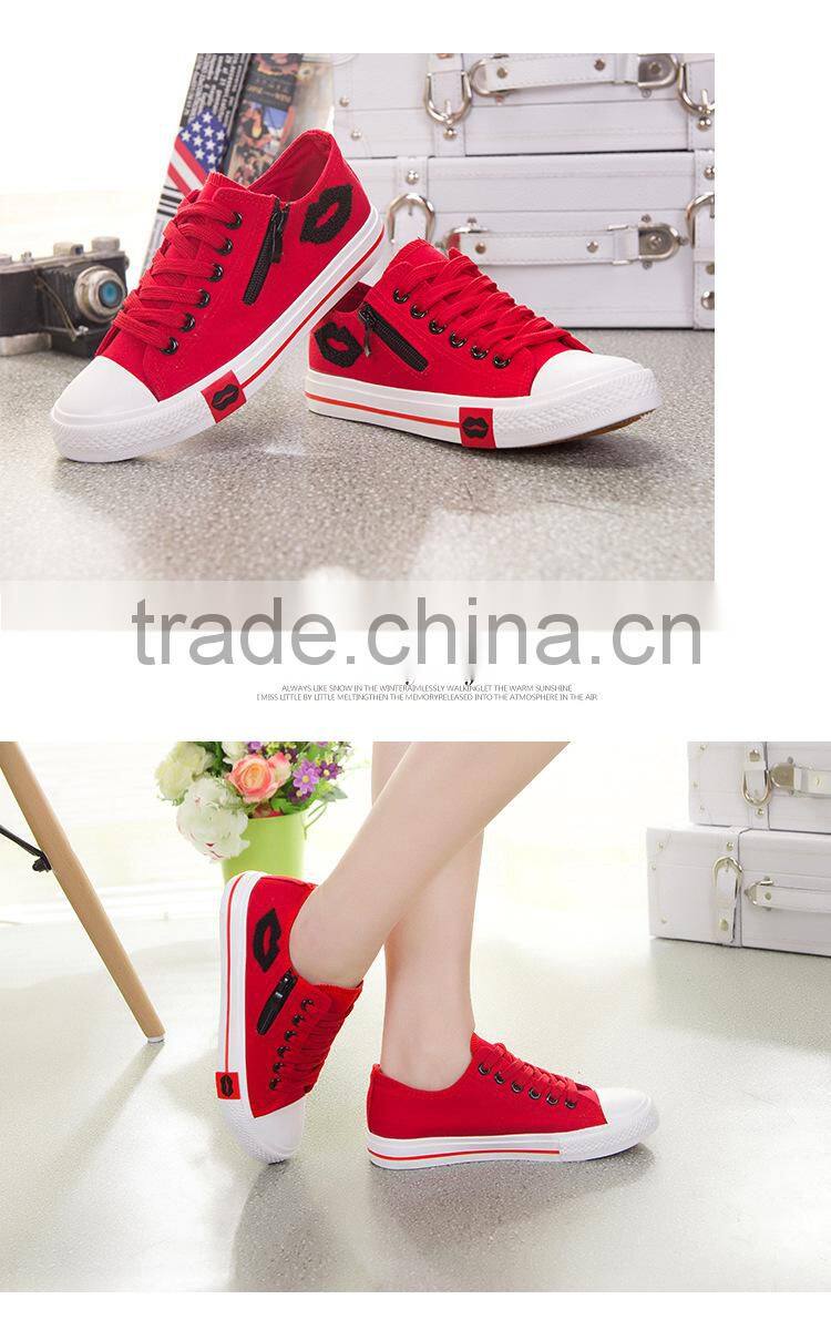 Lady's lace-up canvas shoes with zipper and lips decoration