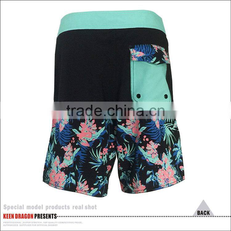 Custom design beachwear mens flower print 4-way stretch board shorts