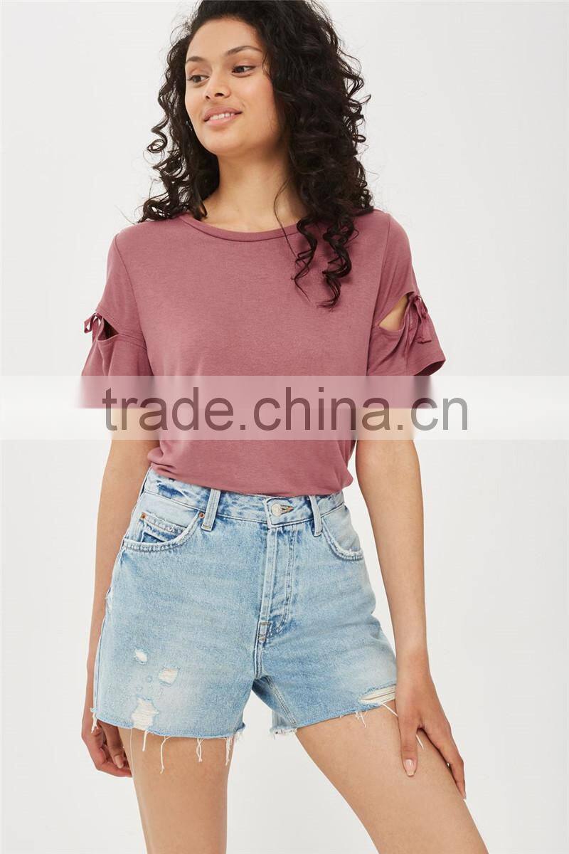 MGOO Hot Selling Casual Plain Round Neck T-shirt Women Cotton Hollow Sleeve T Shirts With Bowknot