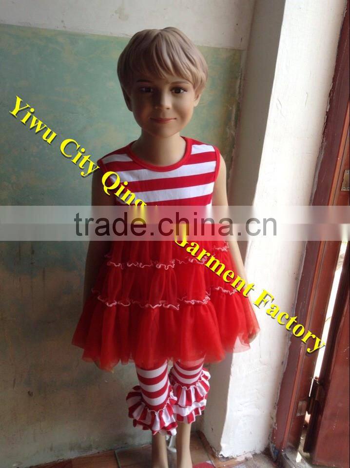 Hot Sale Children's Christmas Clothing Boutique Toddler Girls Red Long Sleeves Shirt with Stripe Ruffled Pant Outfit Sets