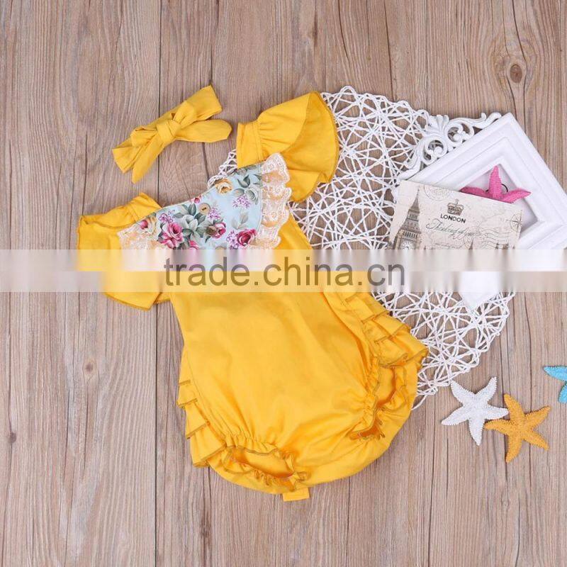 Vintage style baby girls romper 100% Cotton Satin Floral Printing Baby Romper With Lace Insert