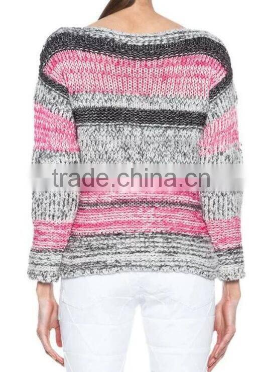 EY0866S ladies grey and pink striped pullover boat neck sweater knitting pattern