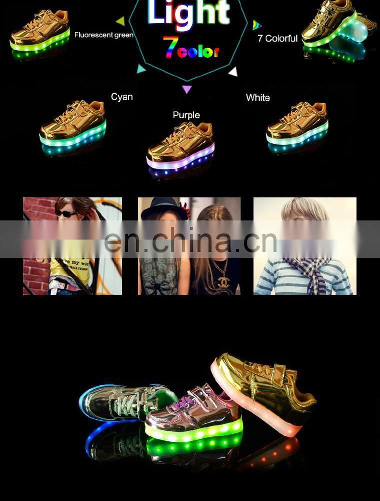 Factory Wholesale new design shining mirror finish PU leather Children Kids LED shoes sneakers footwear