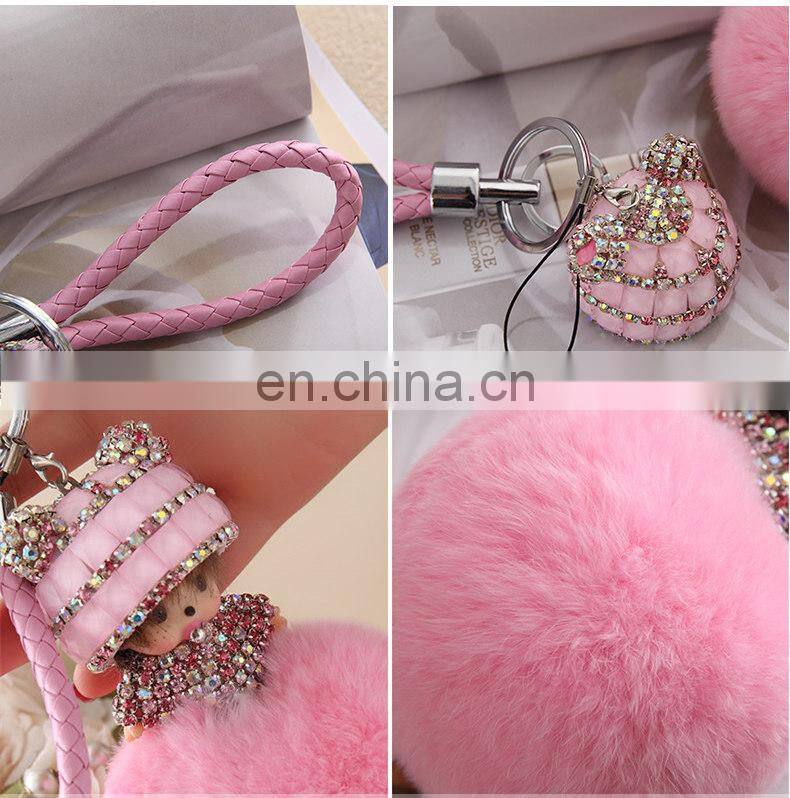 Lovely Monchichi Key Chain Luxury Crystal Key Ring Monchhichi Keychain