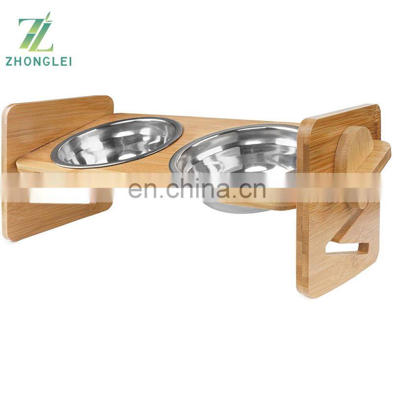 Adjustable Bamboo Raised Pet Bowl Elevated Dog Cat Food and Water Bowls Stand Feeder Poultry Feeder with Stainless Steel Bowls