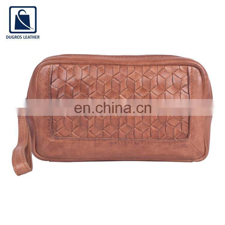 2022 Hot Sale Custom Logo Vintage Style Swiss Cotton Material Genuine Leather Makeup Zipper Pouch for Travel