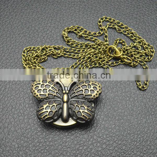 Digital pocket watch with bronze necklace chain quartz movt butterfly watch