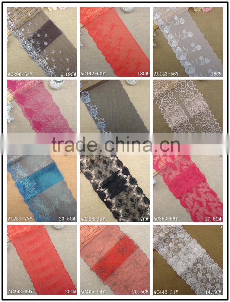 Factory fashion stock cheap pink 21.5cm nylon double side embroidery woman clothes ace fabric