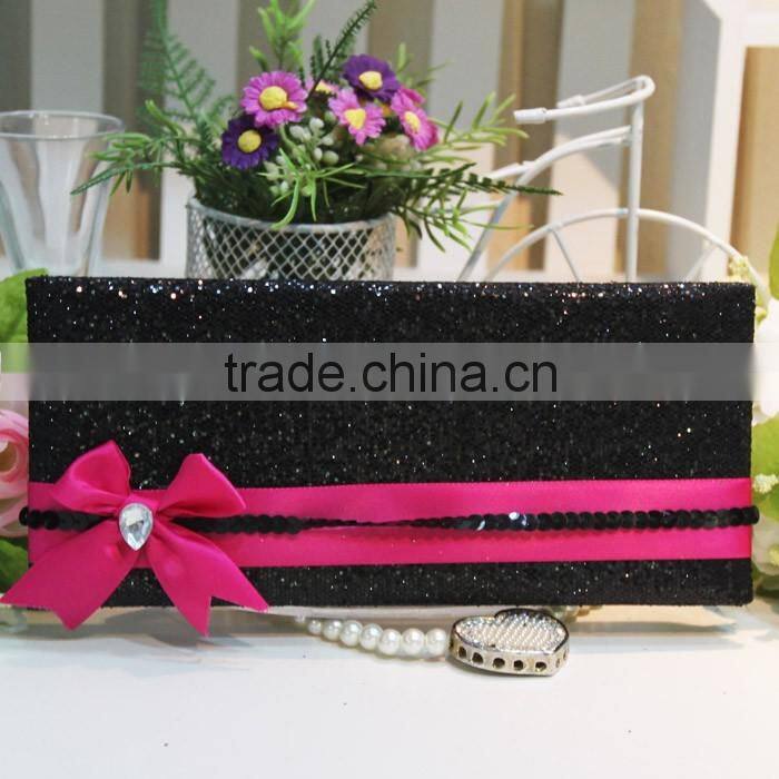 Hot sale attractive golden hardcover folded wedding invitations with paillette ribbons bowkont & crystal decoration