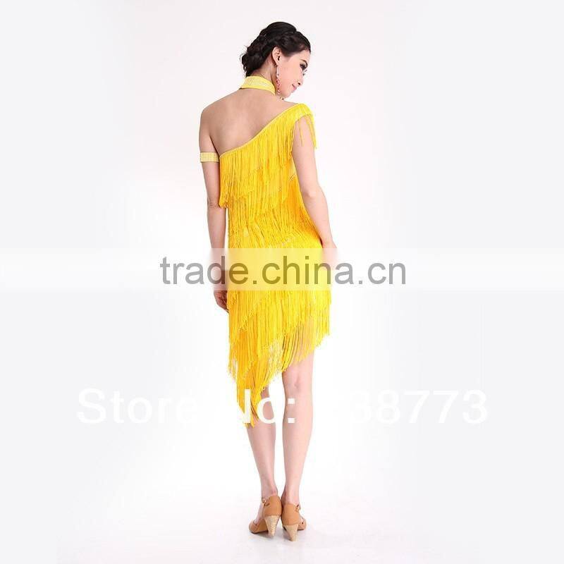 2016 Sexy Women Latin Dance Dress Backless Fringe Cheap One Shoulder Tassel Ballroom Latin Dress