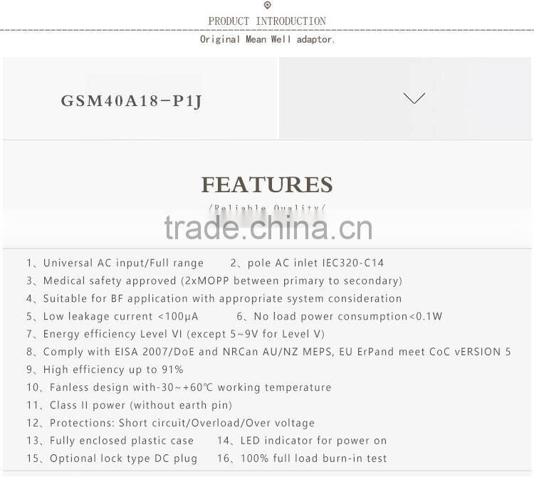 Meanwell 40W medical type power supply/40w AC-DC high quality Single Output Adaptor/40W single output switching power supply